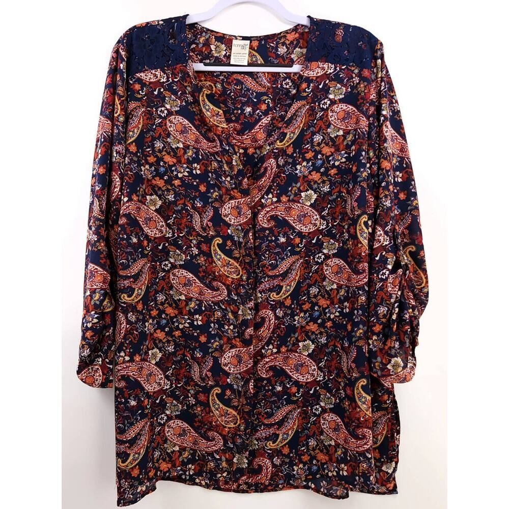 Terra & Sky Plus Floral Paisley Boho Blouse 1X - Picture 2 of 10